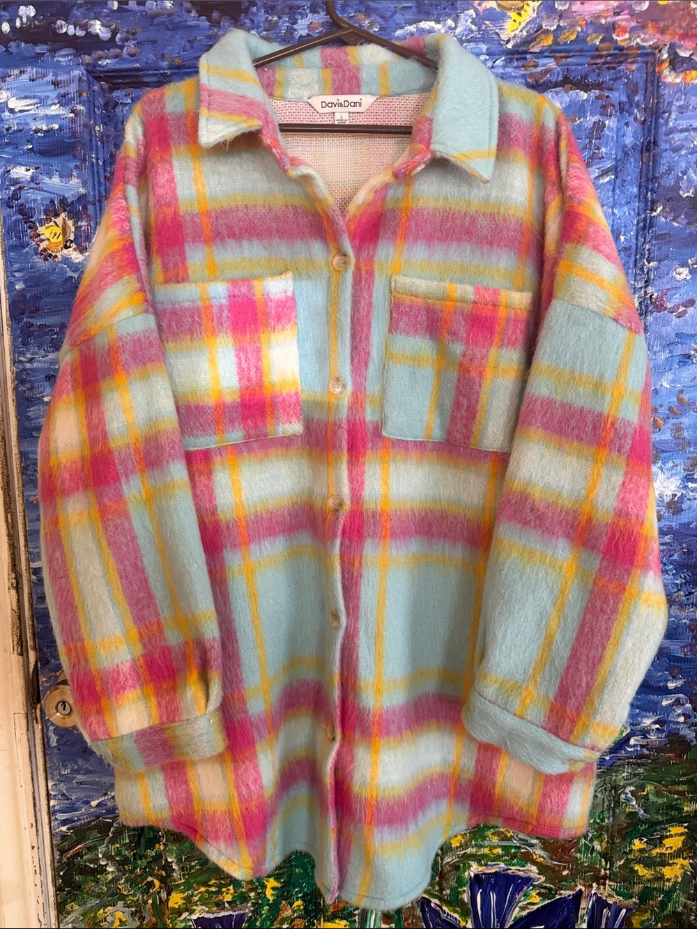 DAVI & DANI Pastel Plaid Shacket in Mint, Pink & Yellow